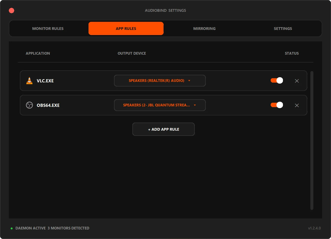 AudioBind App Rules configuration panel
