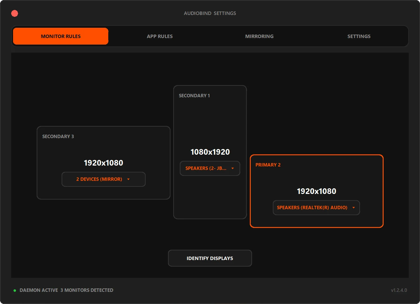 AudioBind Monitor Rules configuration panel