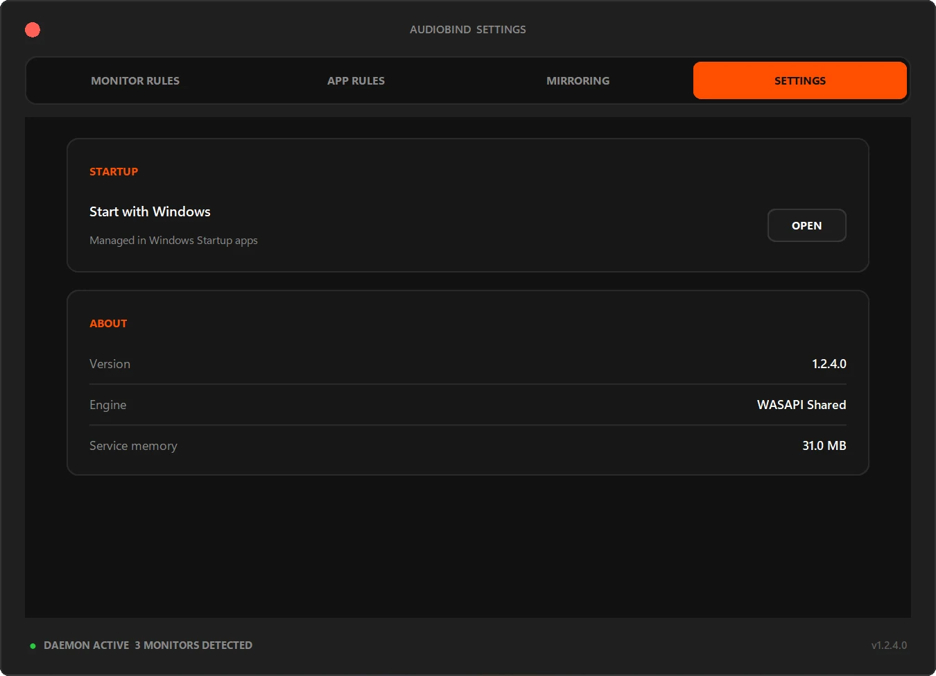 AudioBind System Tray Settings