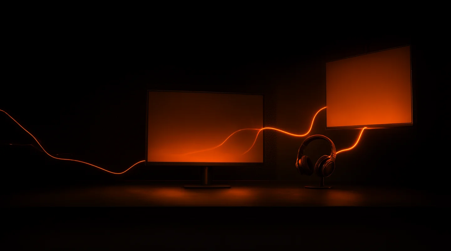 Dual-monitor gaming PC audio setup with headset and desk speakers